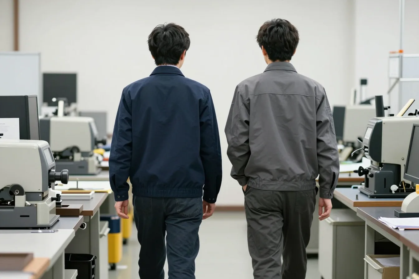 社長の会社の作業場を、代表と社長が並んで歩く後ろ姿