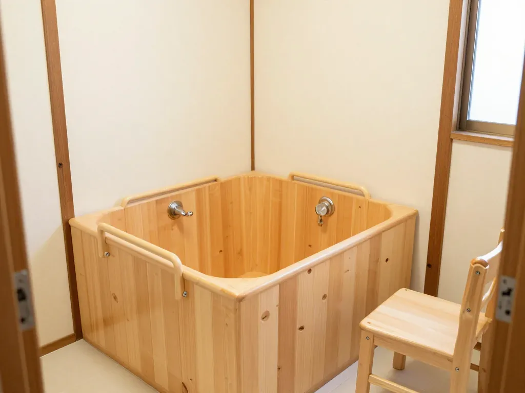 手すりのついた木の浴槽と、シャワーの椅子