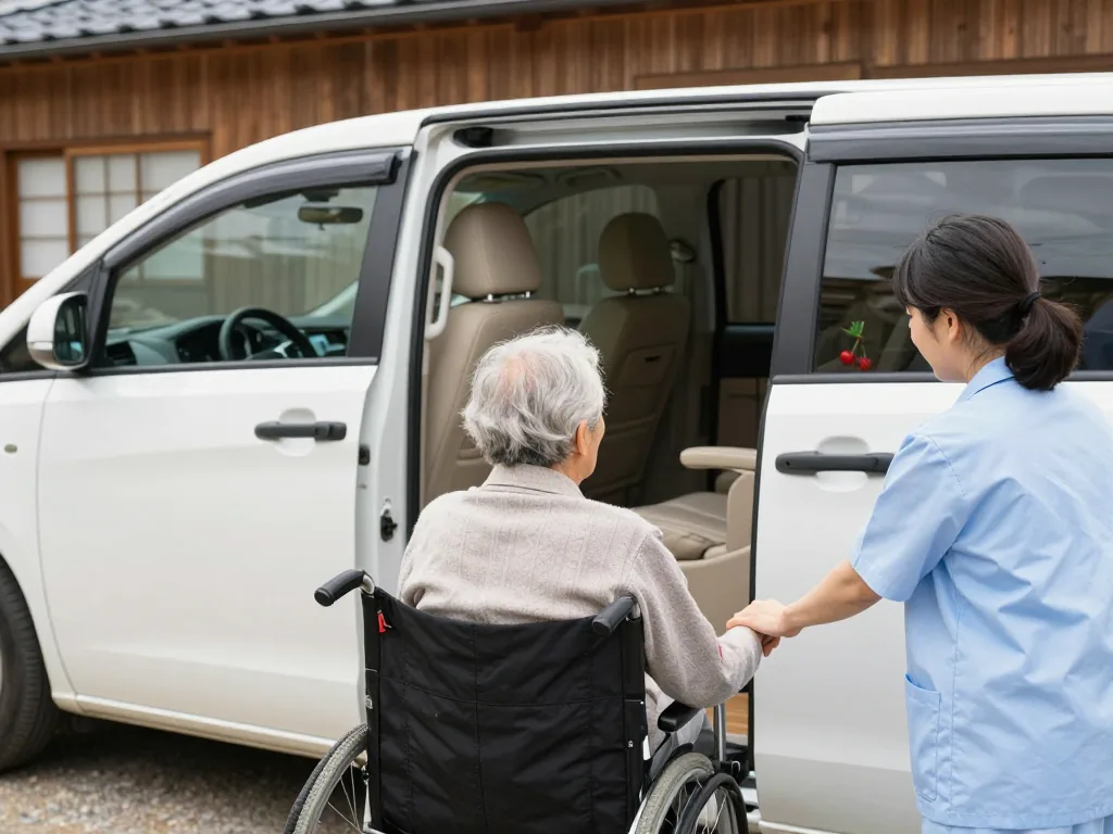 送迎の車の横で、車いすの方の手を取るスタッフ。乗る方は後ろ姿
