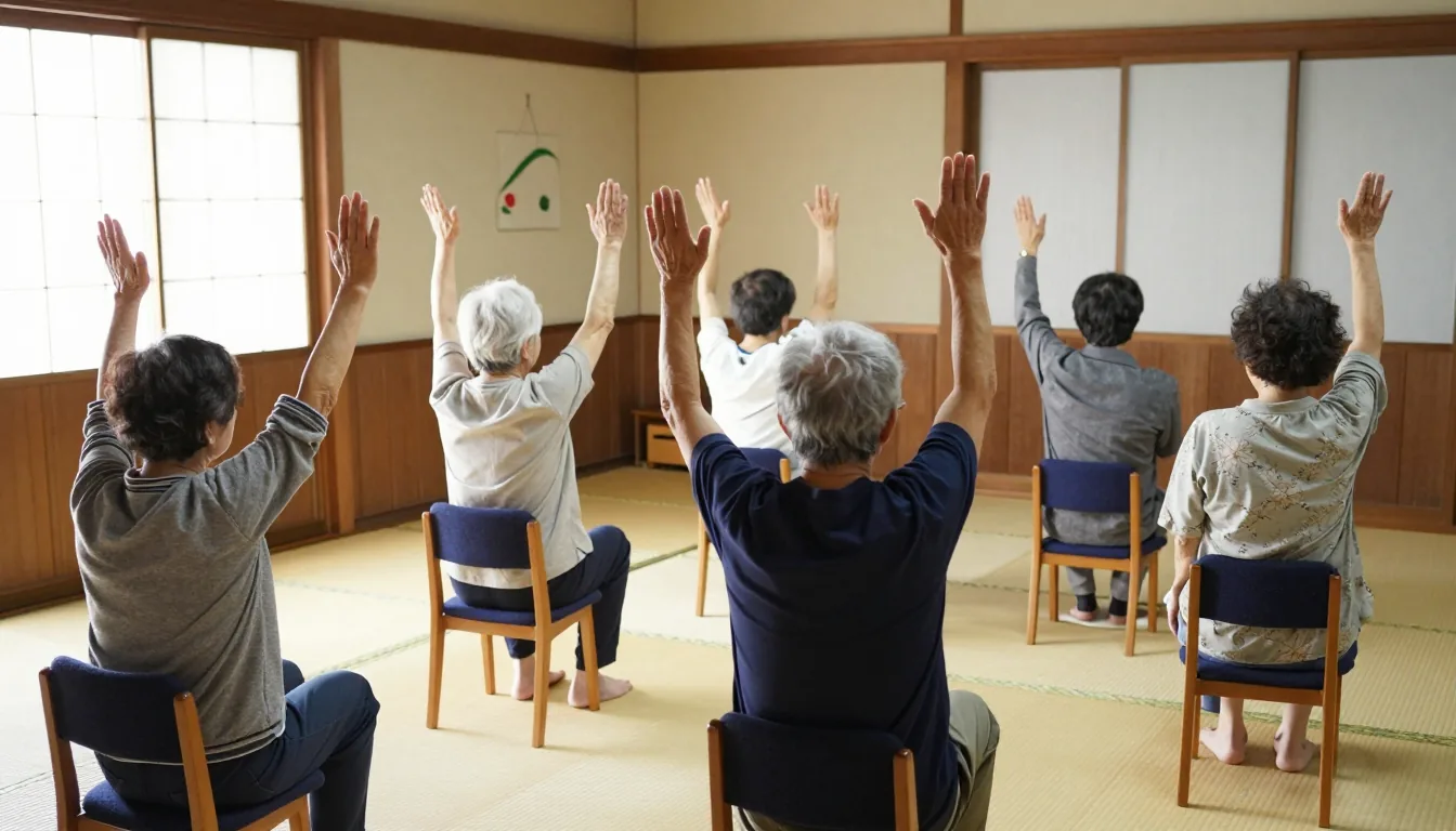 畳の部屋で、椅子に座って腕を上げる体操をしている方たちを後ろから