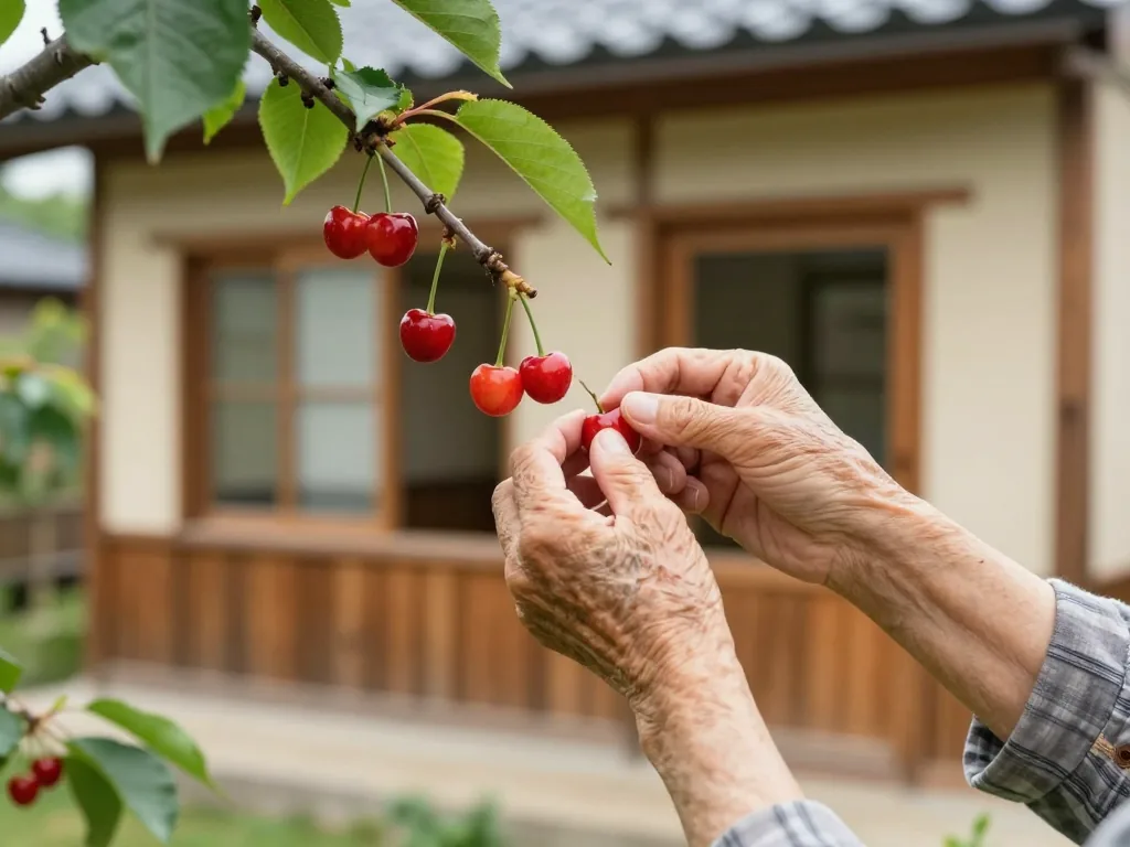 庭のさくらんぼの木と、実を摘む手元