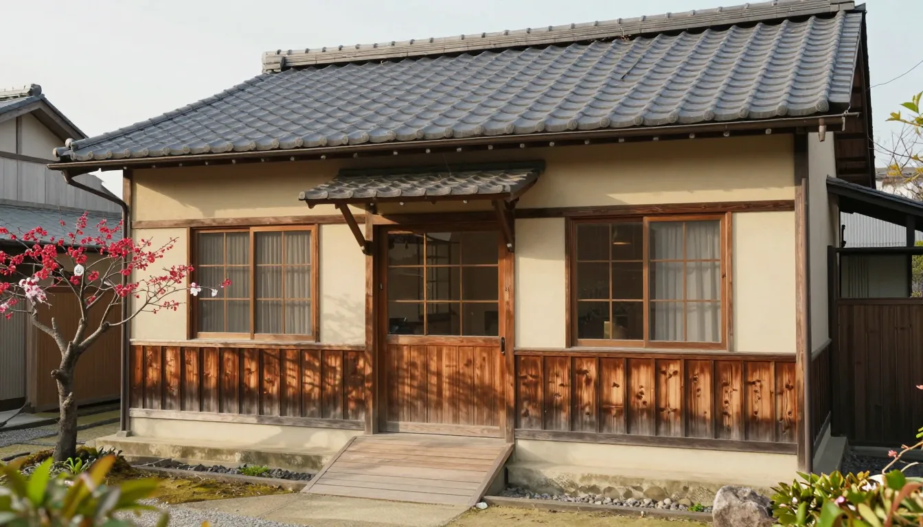 瓦屋根の平屋の外観と、庭のさくらんぼの木。玄関にはスロープ