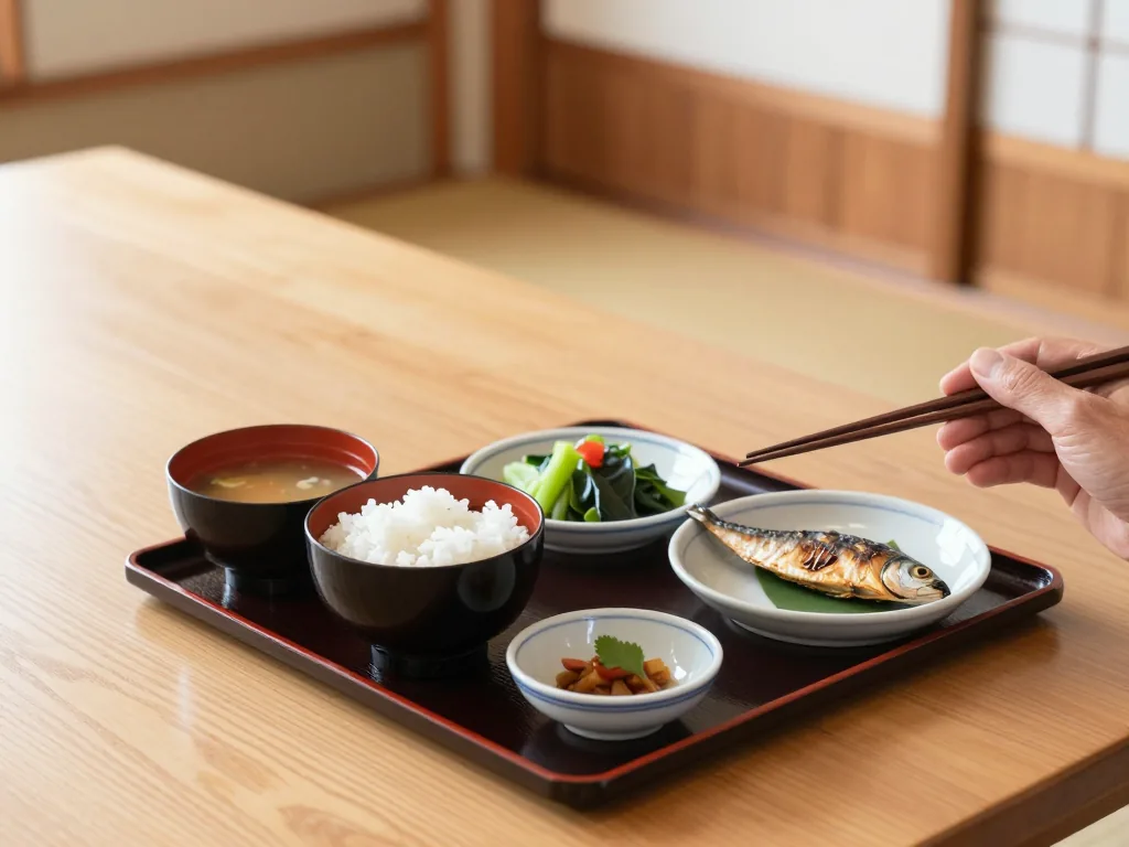 食堂の木の机と、お昼ごはんの膳