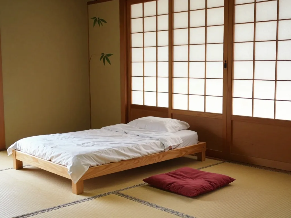 障子から光が入る和室に、低いベッドと座布団