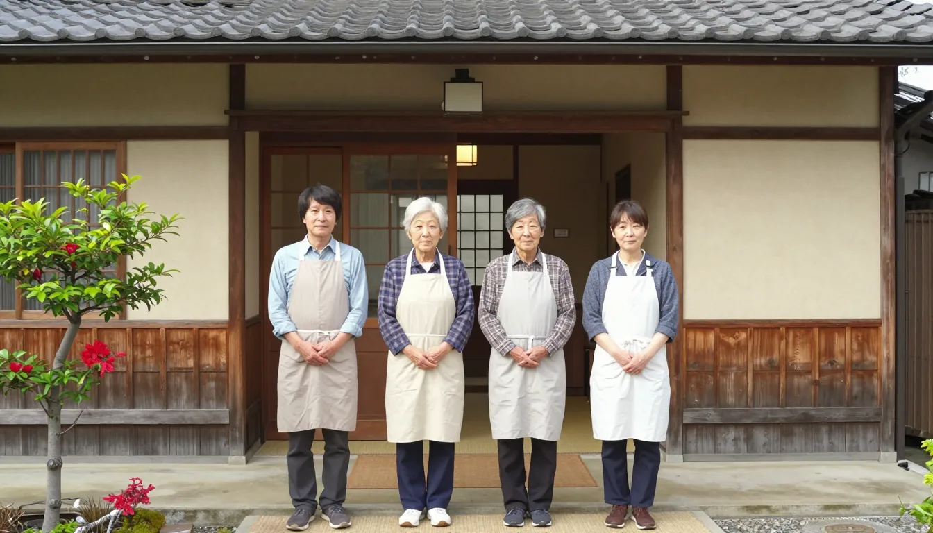 玄関の前に並ぶエプロン姿のスタッフ4人を遠めに