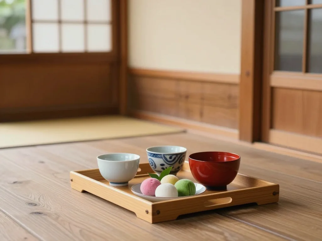 縁側の板の上に置いたお盆。湯のみとおまんじゅう