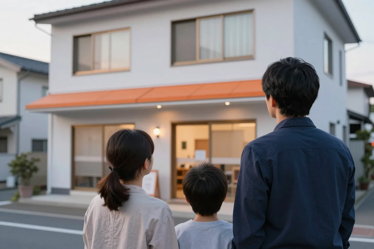 夕方の道で、家族3人が後ろ姿で家を見上げている