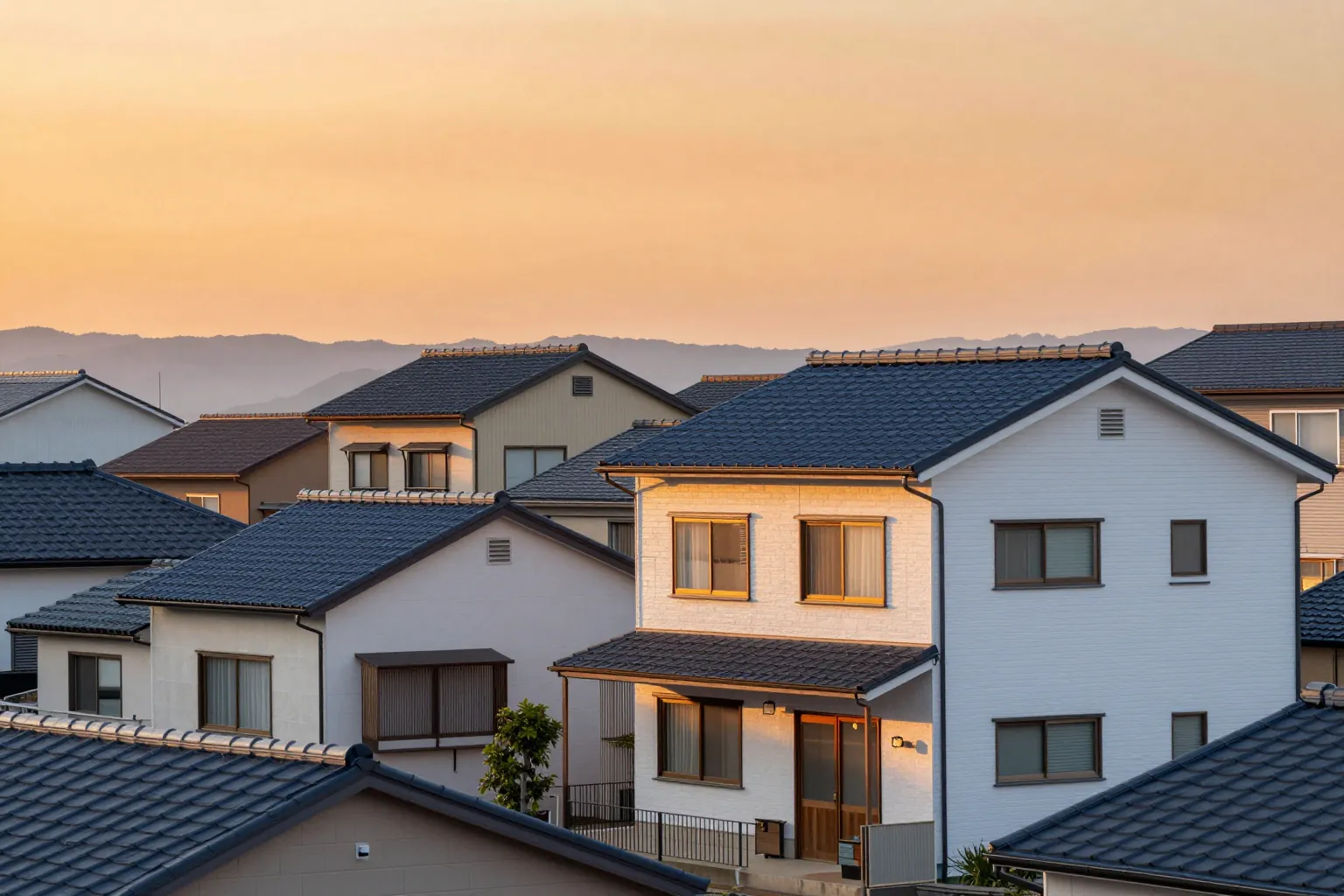 夕方の住宅街。2階建ての家の屋根が並び、空が橙色に染まっている