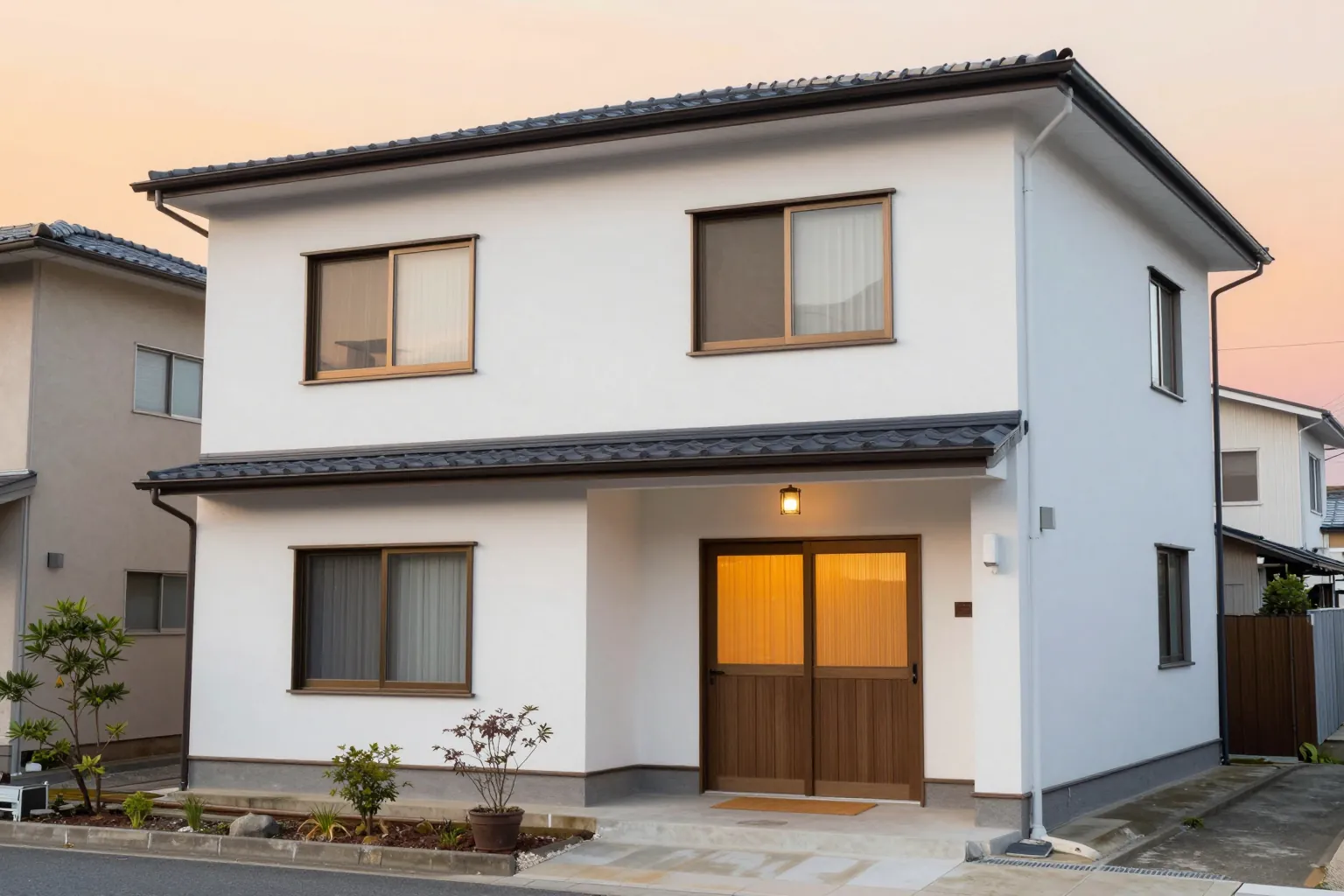 夕方の2階建ての一戸建て。玄関に明かりがついている