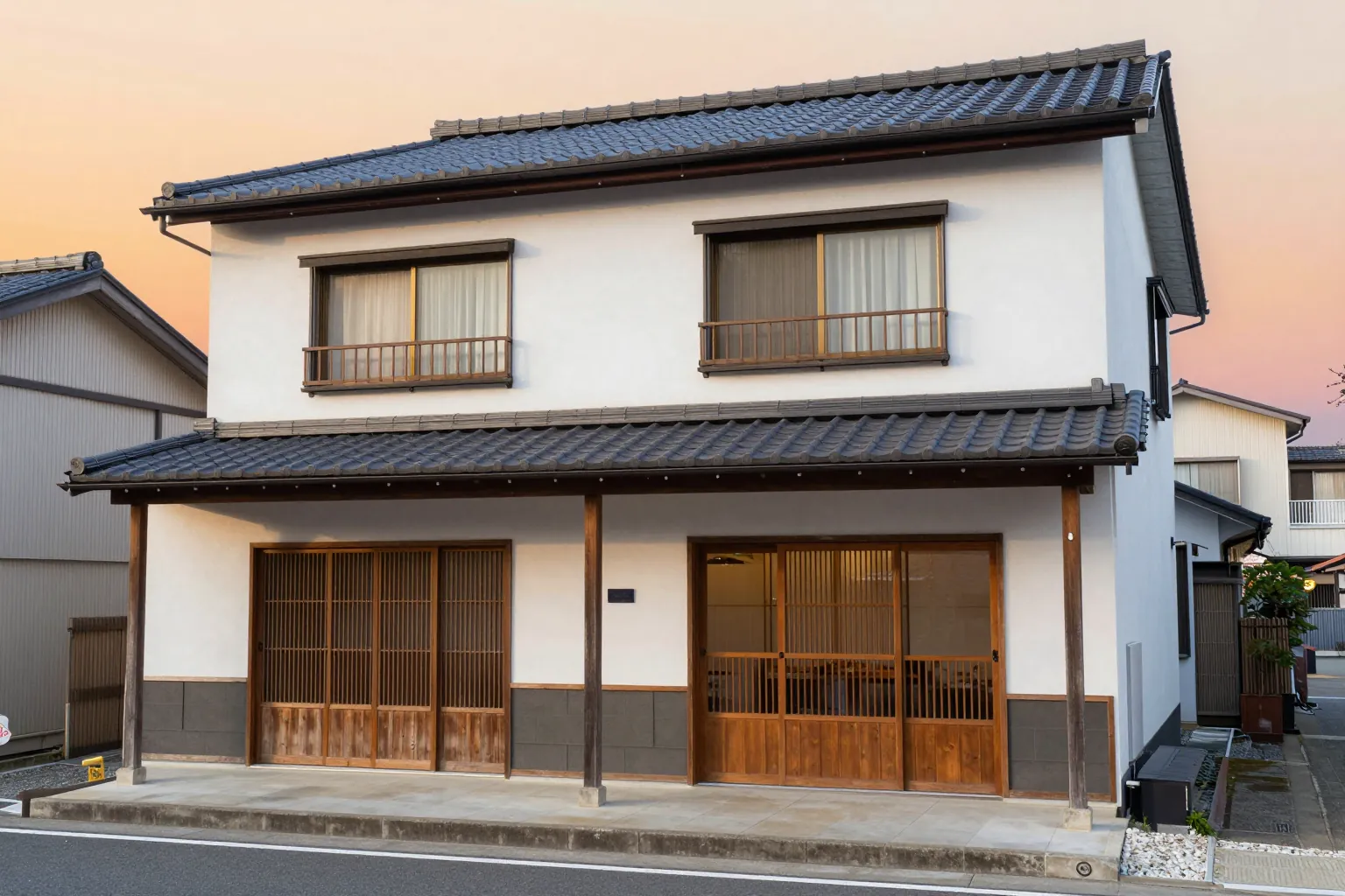 瓦屋根と格子戸の一戸建て