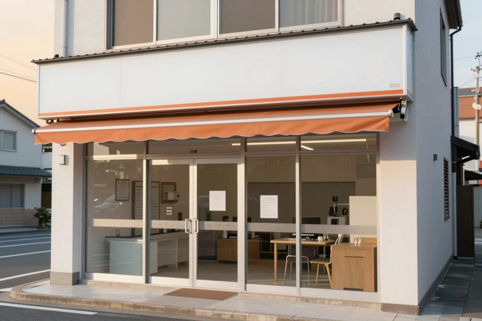 角の1階にある不動産屋の外観。ガラス戸と橙色のひさし