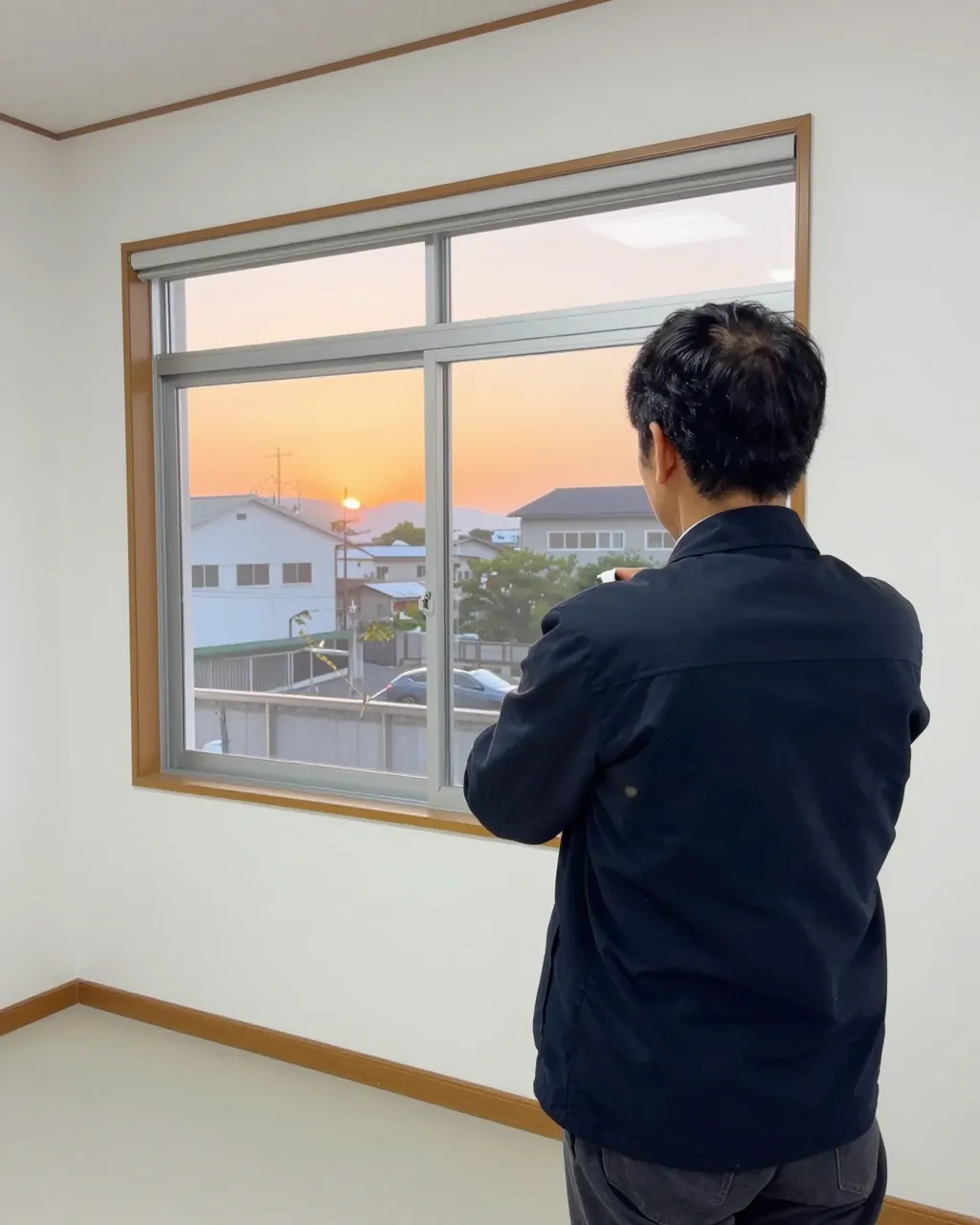 代表が内見の部屋の窓を開けている後ろ姿