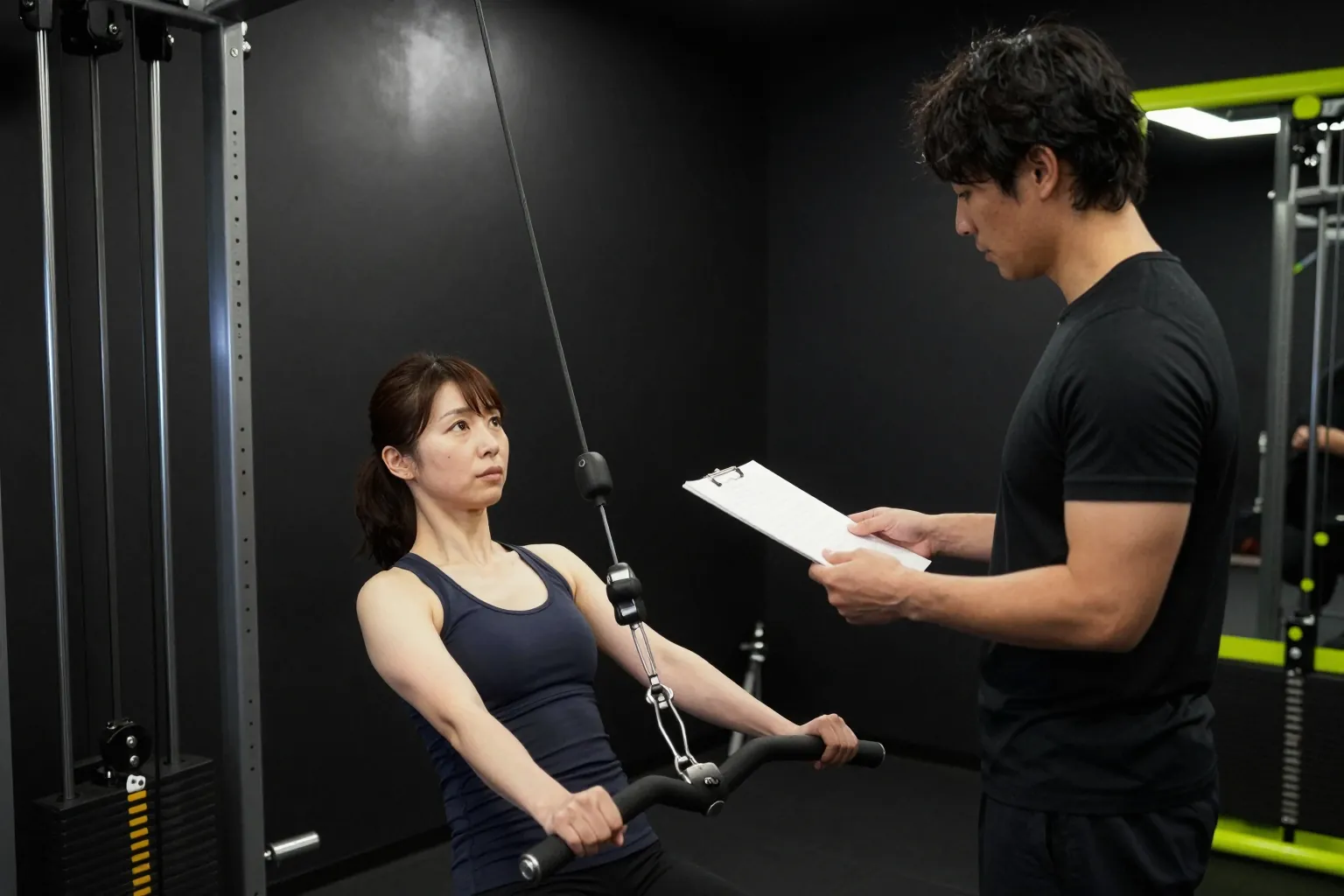ケーブルを引く会員の横で、トレーナーが記録の紙を見ている