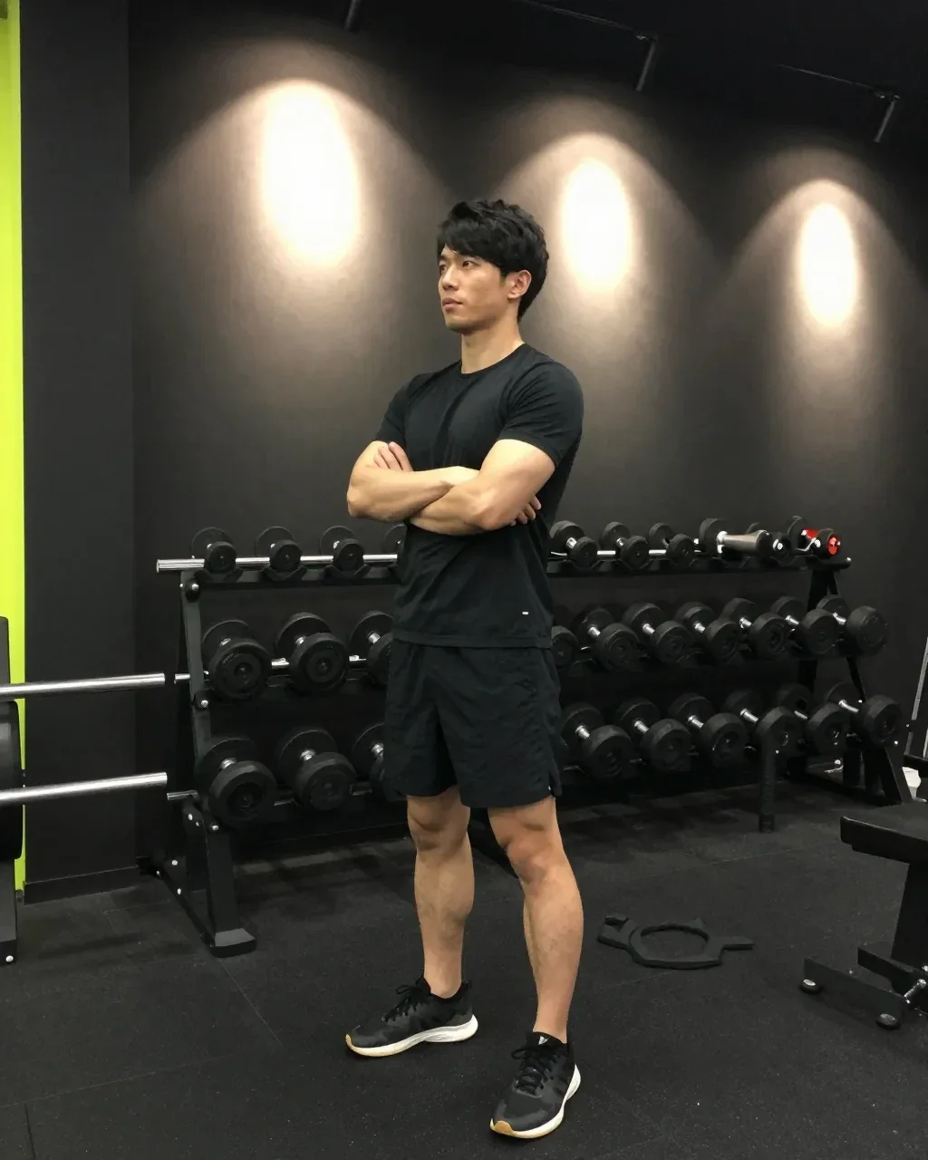 ダンベルのラックの前で腕を組んで立つトレーナー