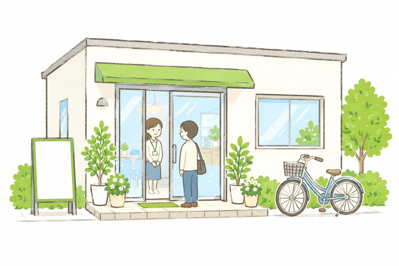 小さな事務所の外観の絵。ガラス戸の前に鉢植えと自転車がある