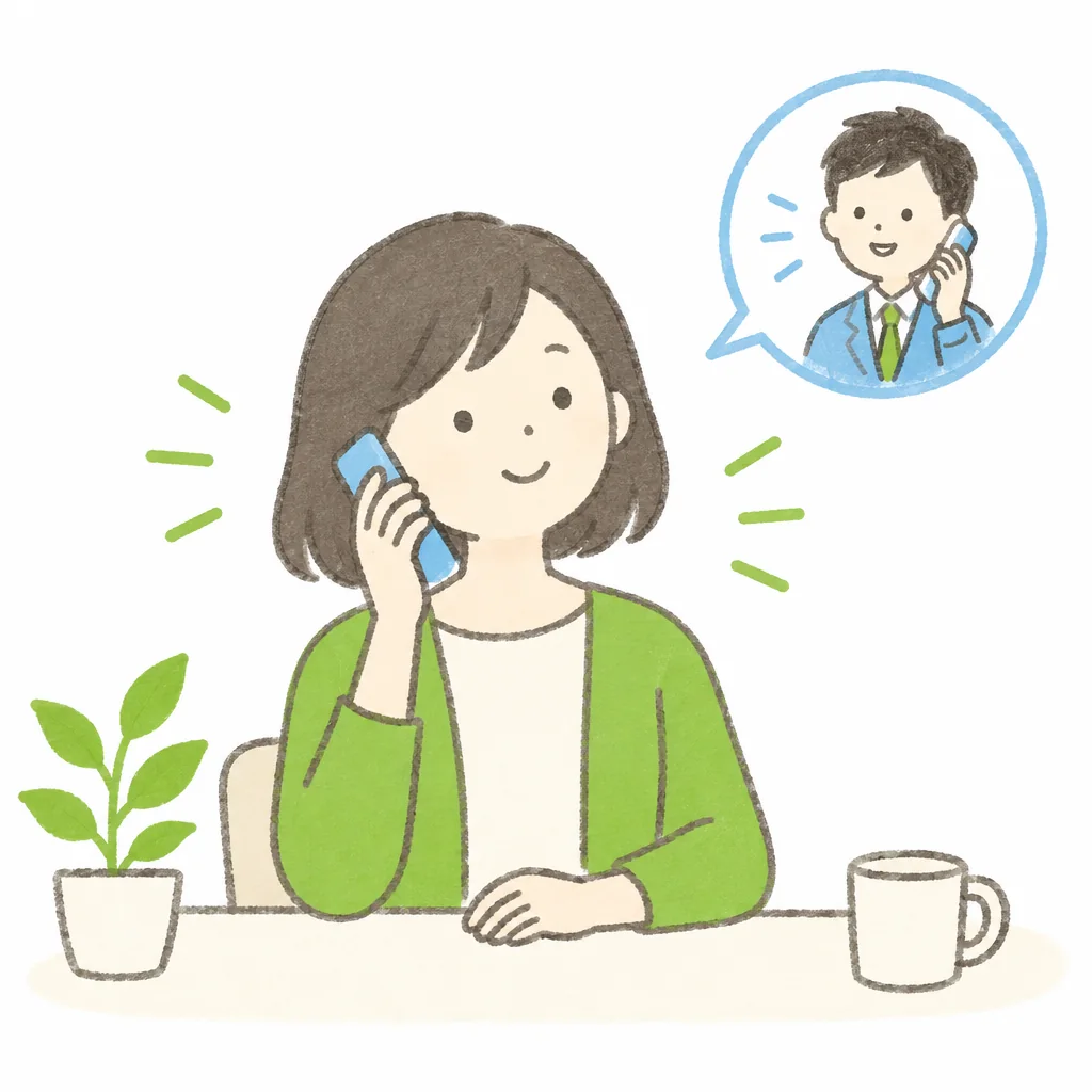 電話を耳に当てて、落ち着いて話している人の絵