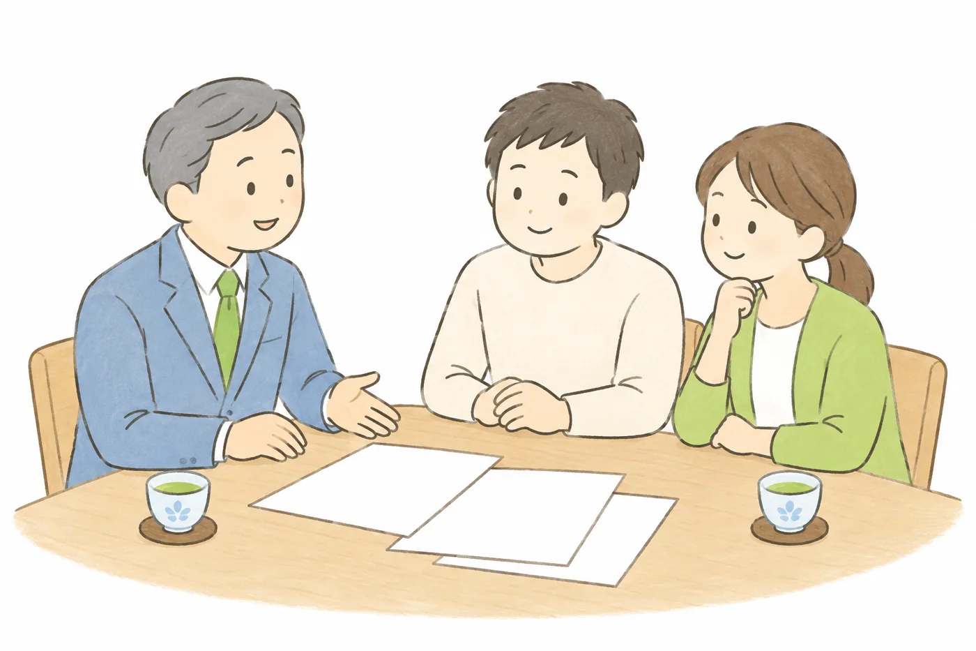 代表と夫婦がテーブルで話している絵
