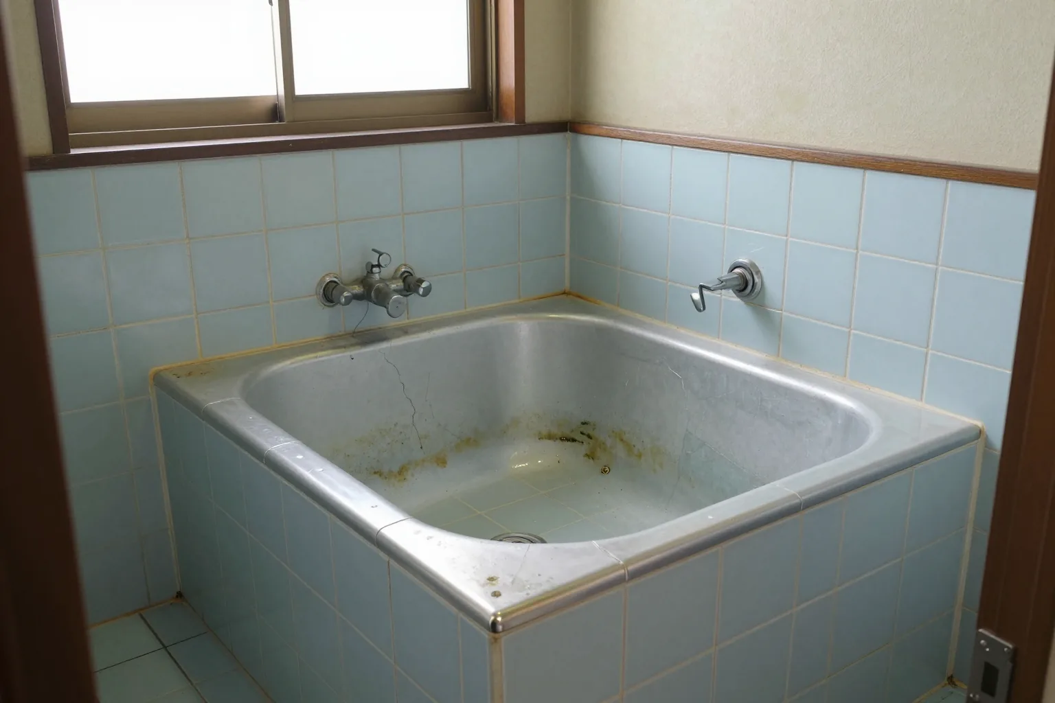 工事前のお風呂。水色のタイルと、ステンレスの浴槽