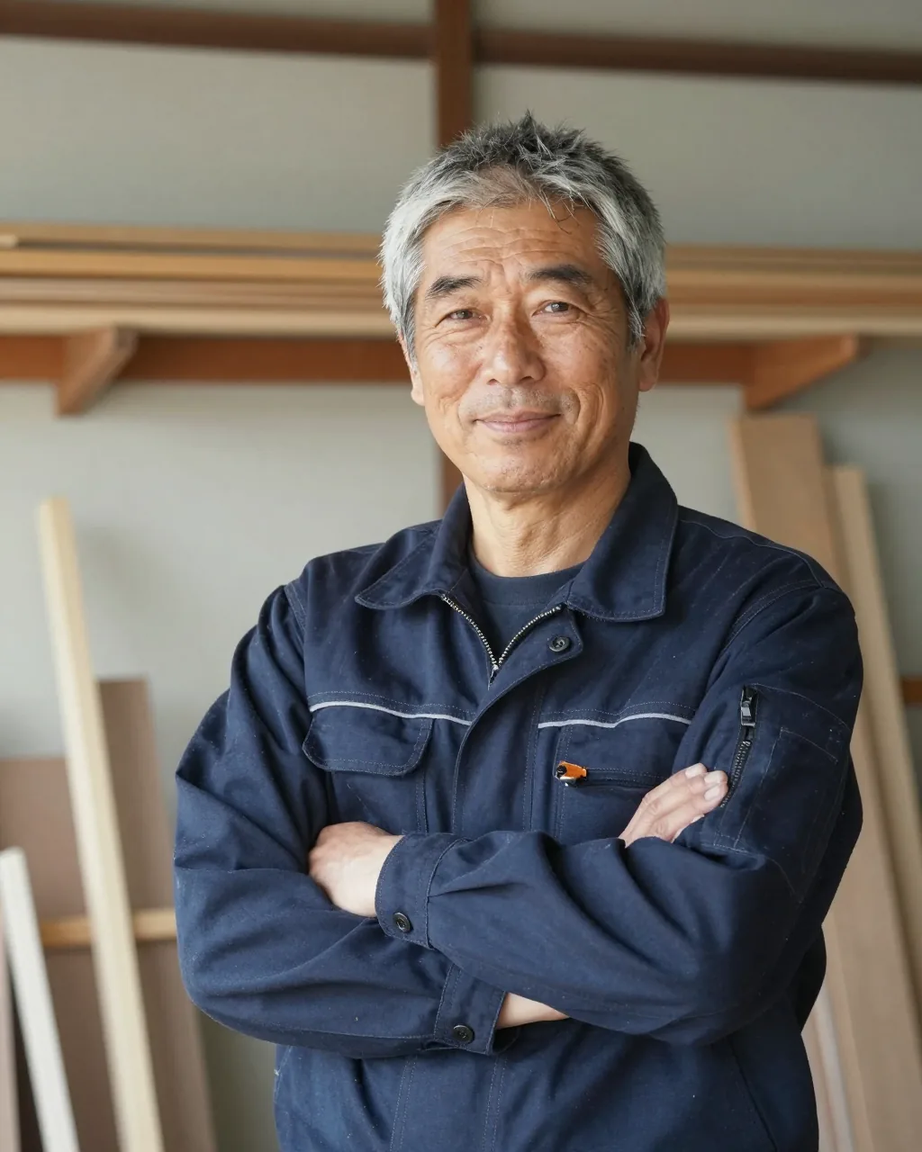 作業着で腕を組んで笑う代表