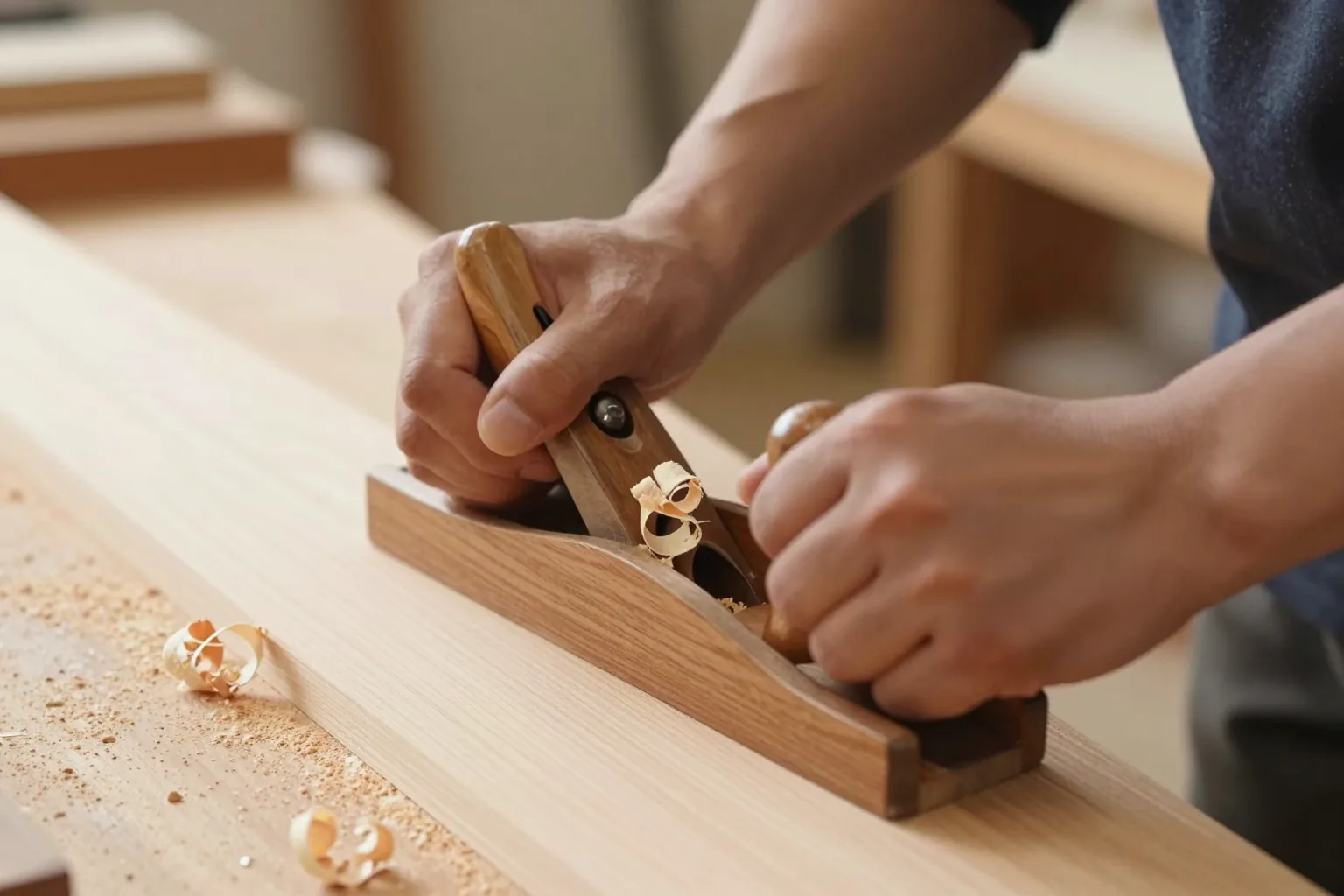 かんなで板を削る大工の手元。かんなくずが落ちている