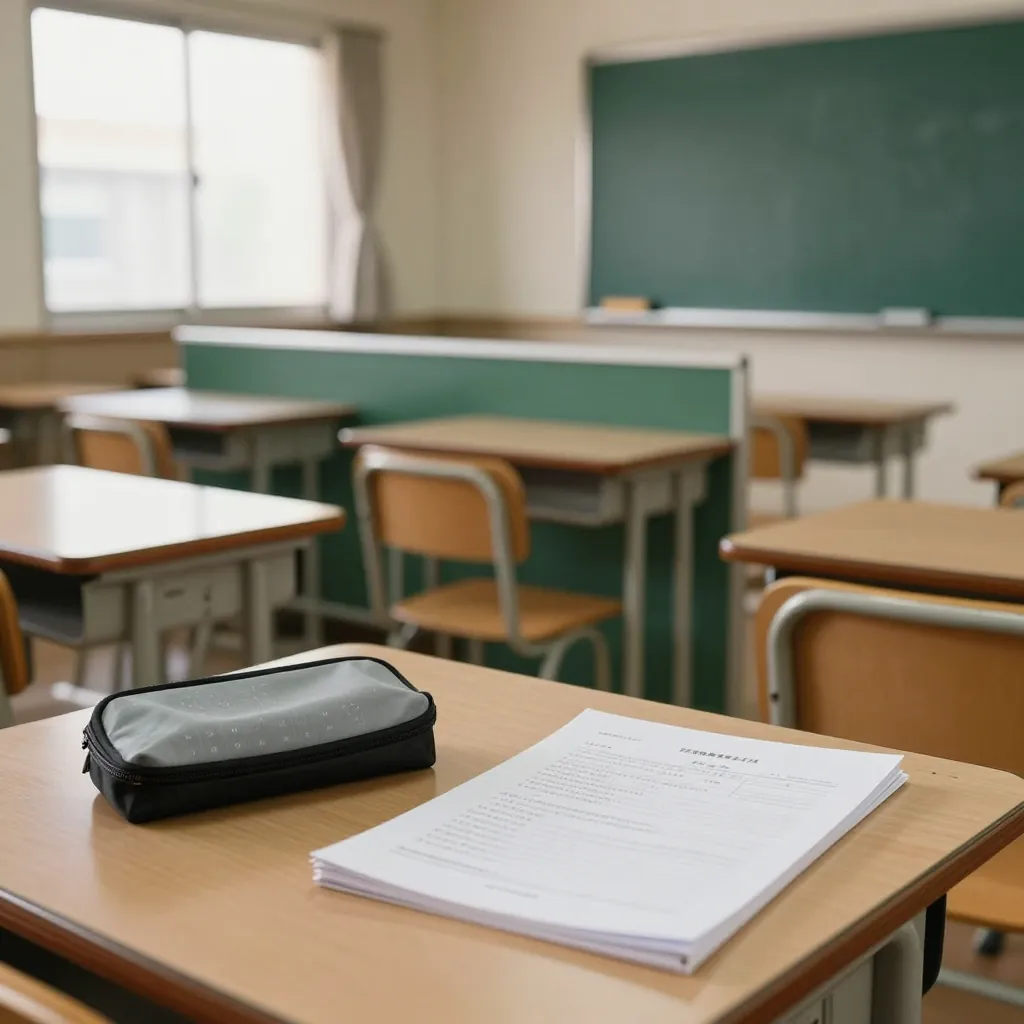 机の上に置いた筆箱と、たたんだテストのプリント