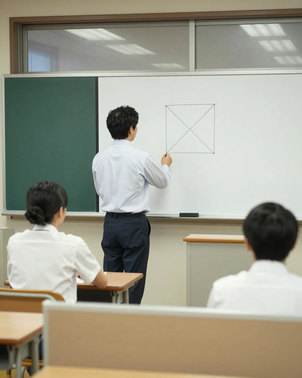 ホワイトボードに図を書いている塾長の後ろ姿