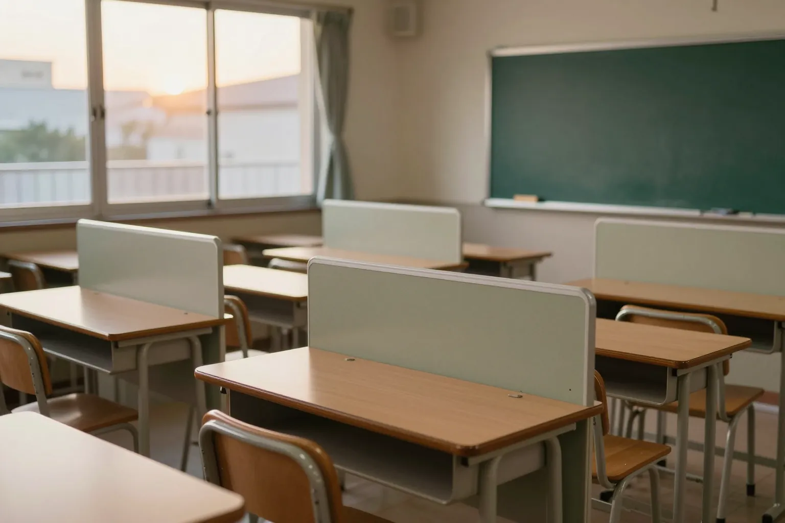 仕切りのある机が並ぶ、人のいない教室。窓から夕方の光が入っている