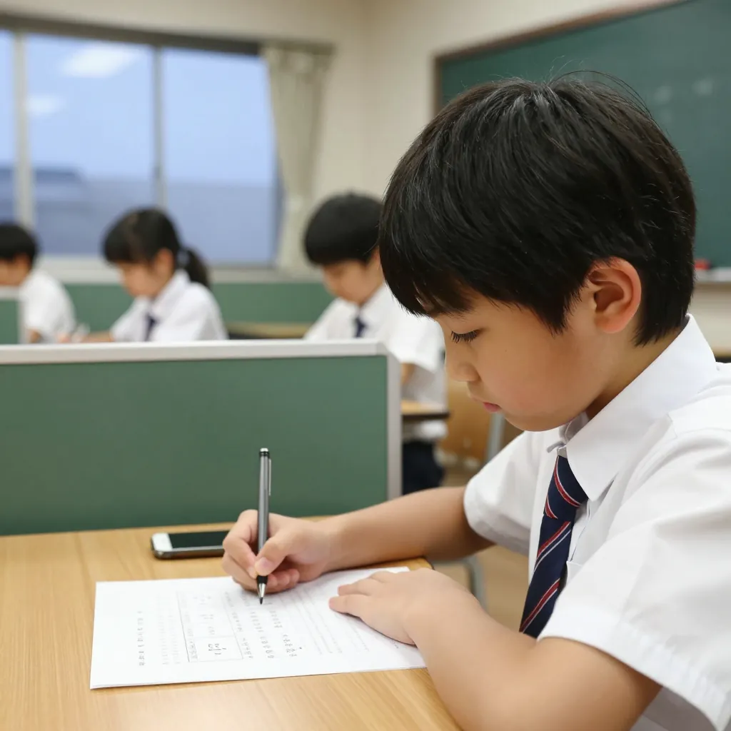 小学生が算数のプリントに向かっている手元と横顔