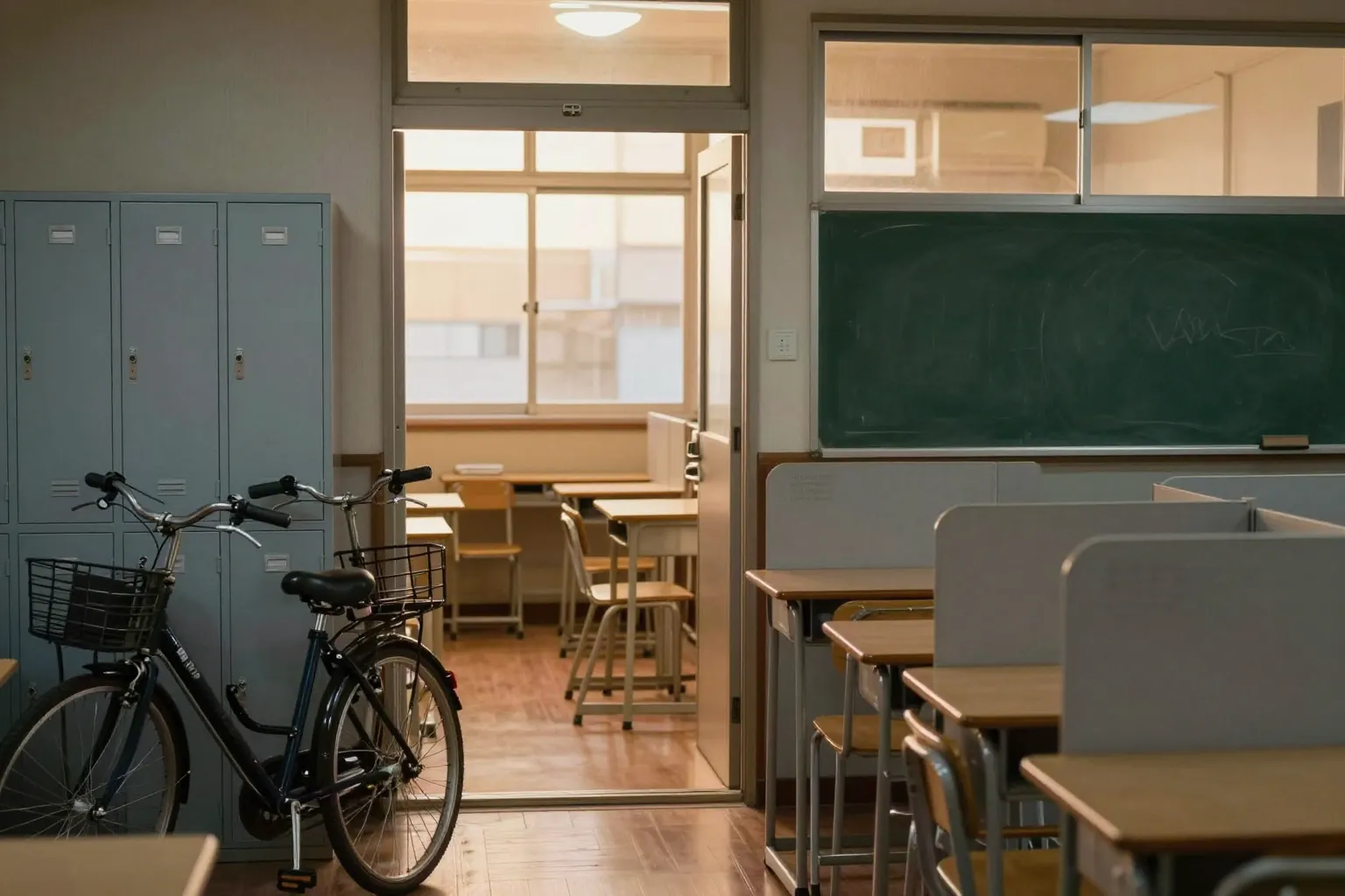 夕方の教室の入口。ロッカーの前に自転車が止めてあり、人はいない