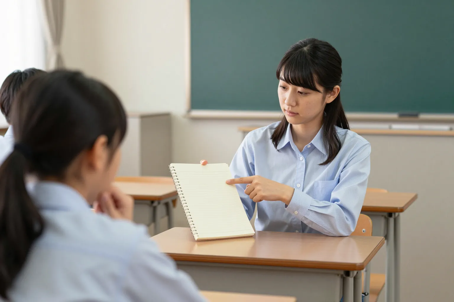 先生が手元のノートを指さし、生徒が考えている。生徒は後ろ姿