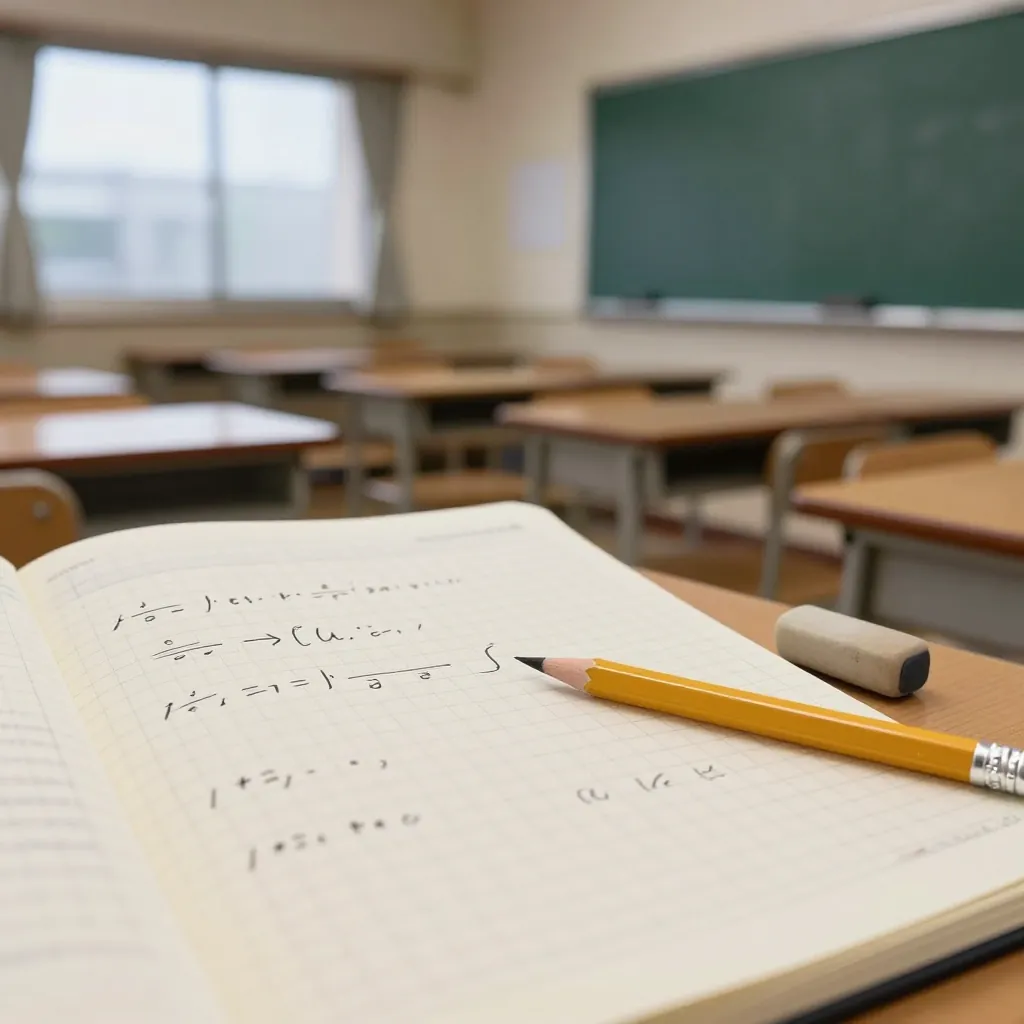 方眼ノートに途中の式が書いてある。鉛筆と消しゴムがのっている