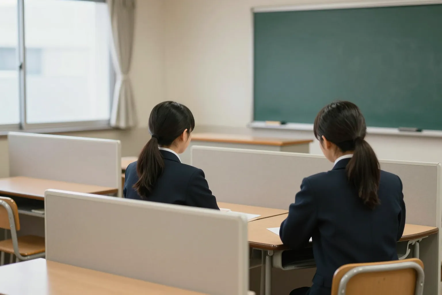夕方の教室。仕切りのある机に、生徒が2人、後ろ姿で座っている