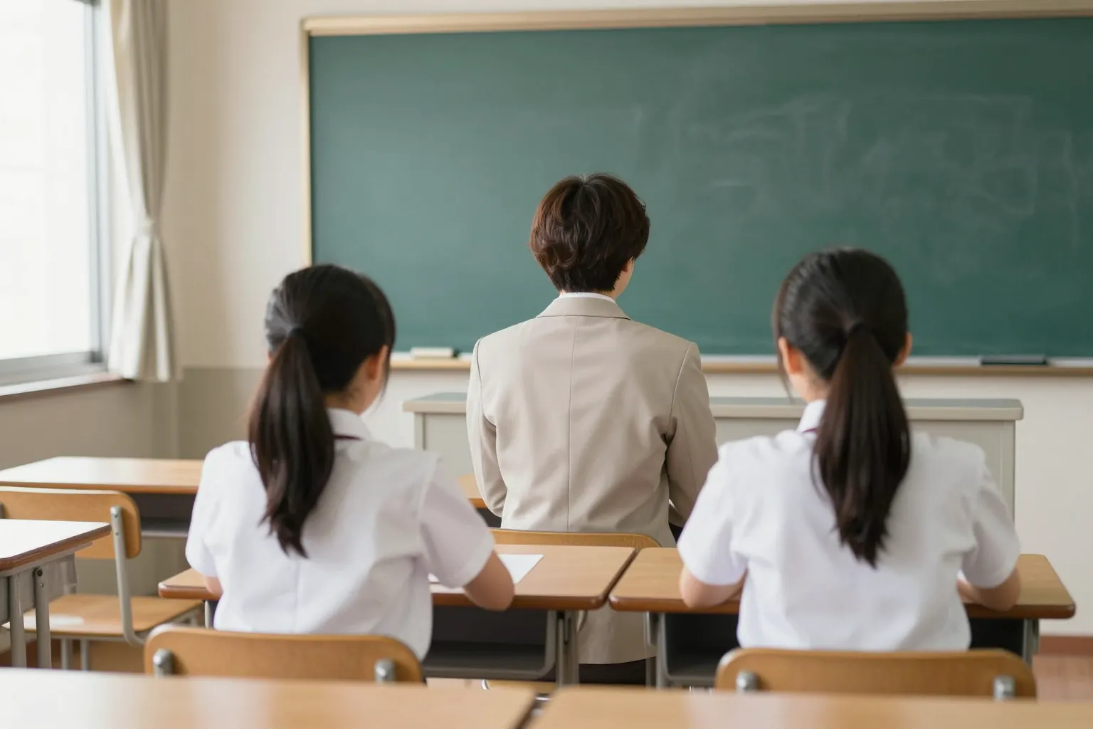 先生が2人の生徒のあいだに座って教えている。3人とも後ろ姿
