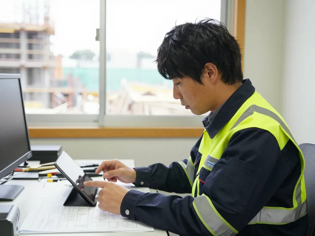 現場事務所でタブレットと図面を見る横顔
