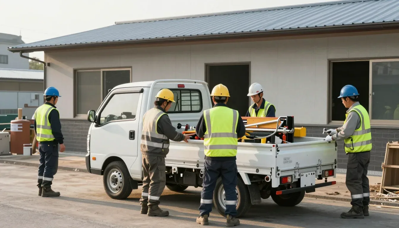 朝の会社の前で、軽トラックに道具を積む作業着の人たち