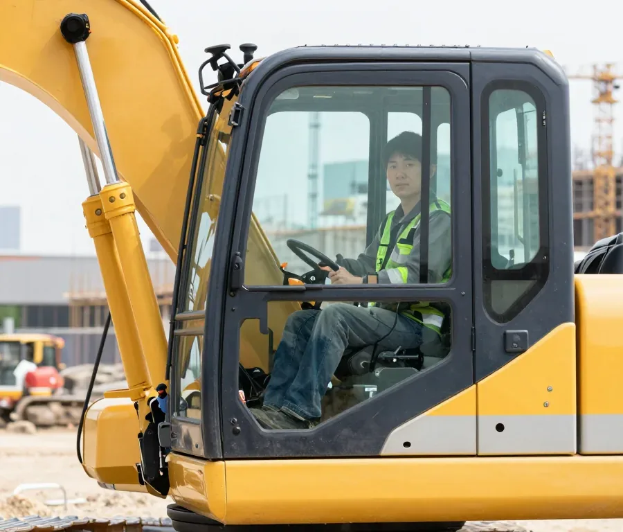 止まった重機の運転席に座る先輩