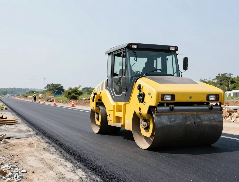 舗装したばかりの道路と、止まっているローラー