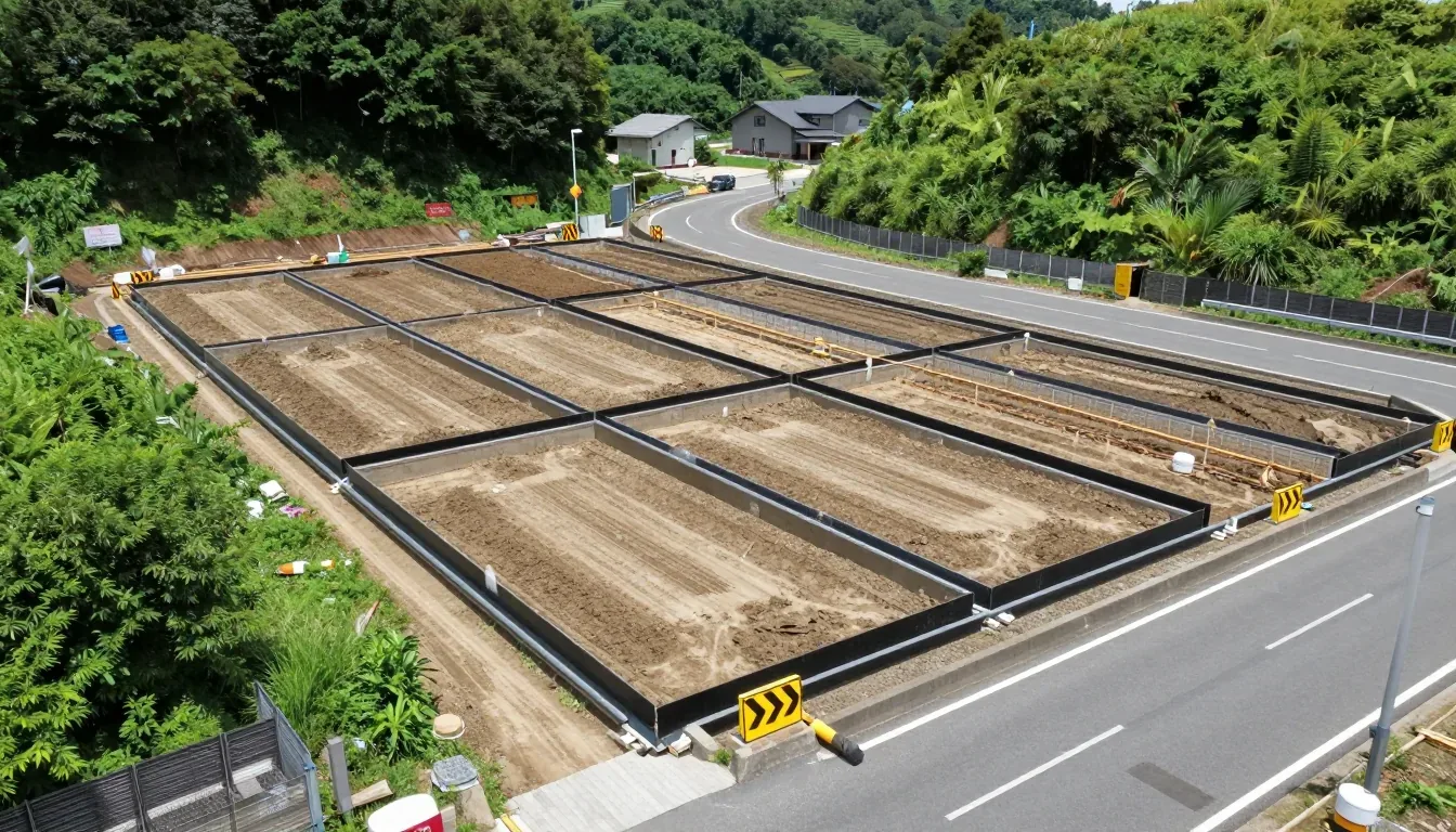平らにした宅地の区画と道路の側溝を上から見たところ