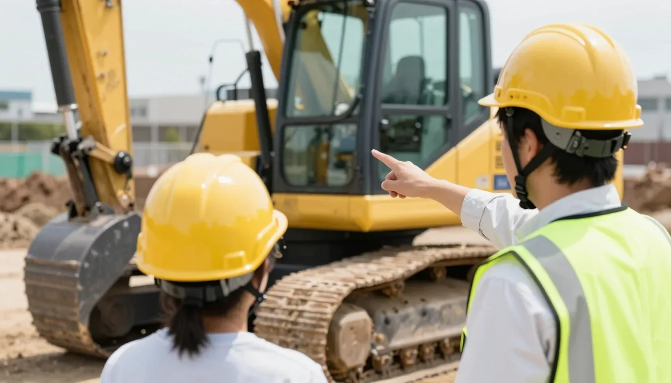 見学の人に、先輩が止まった重機を指して説明しているところ