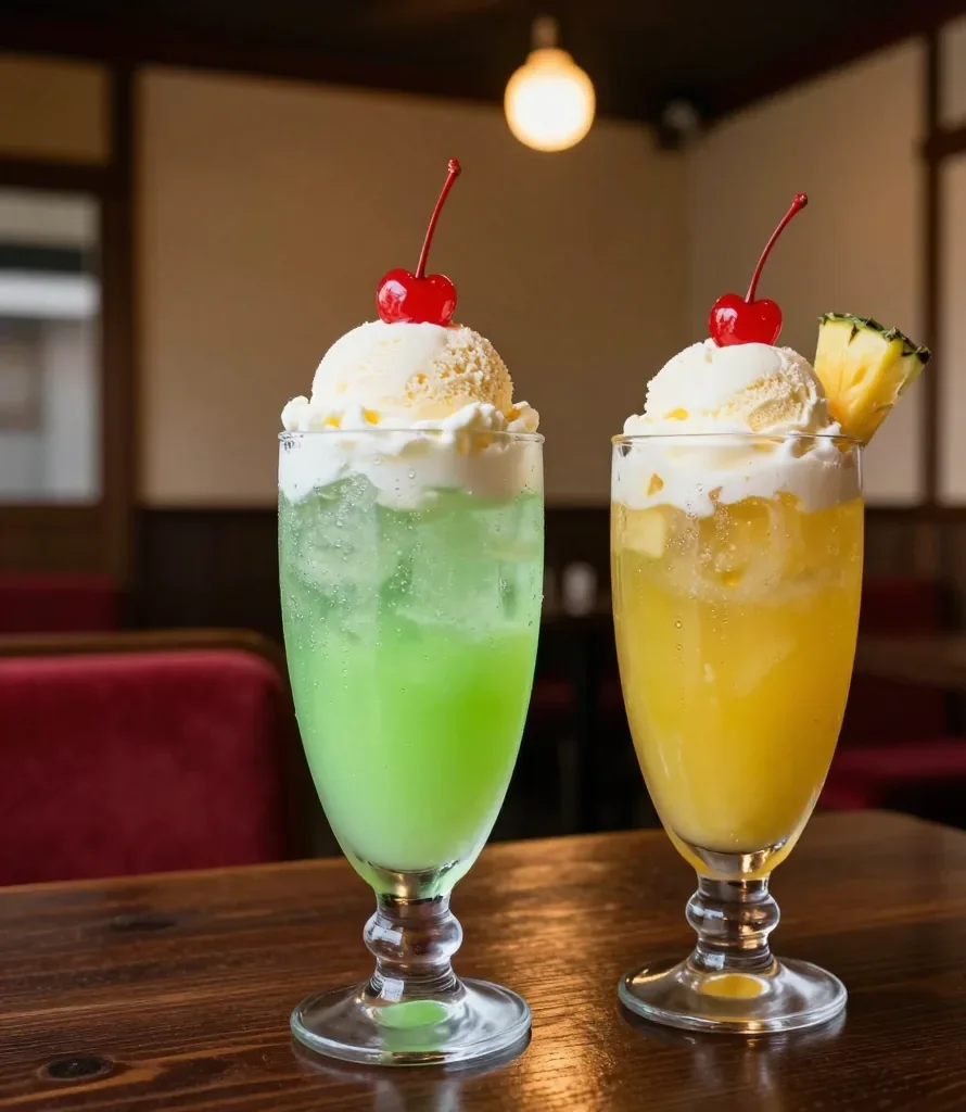 メロンの緑とパインのからし色のクリームソーダ