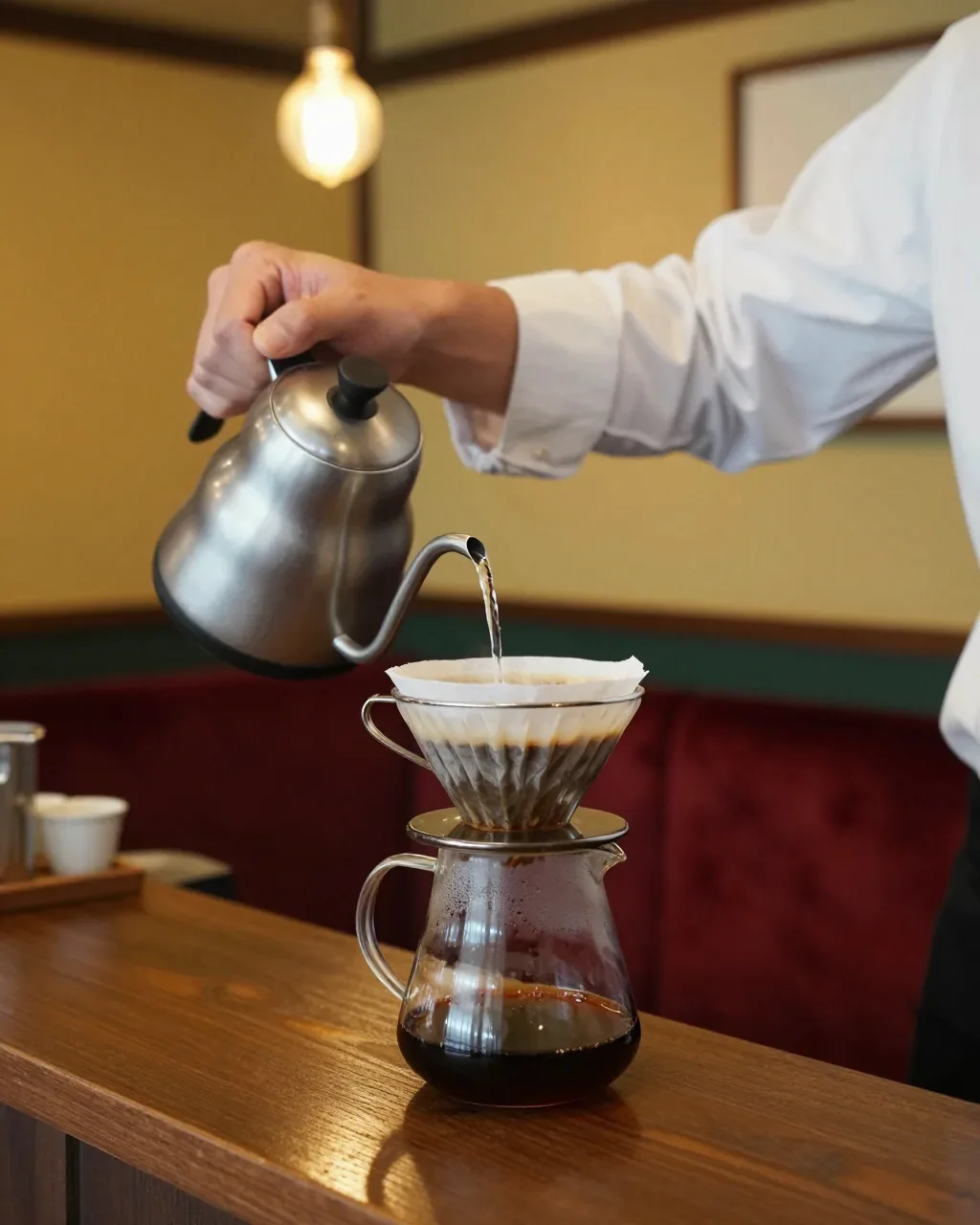 ネルの布でコーヒーを落とすマスターの手元