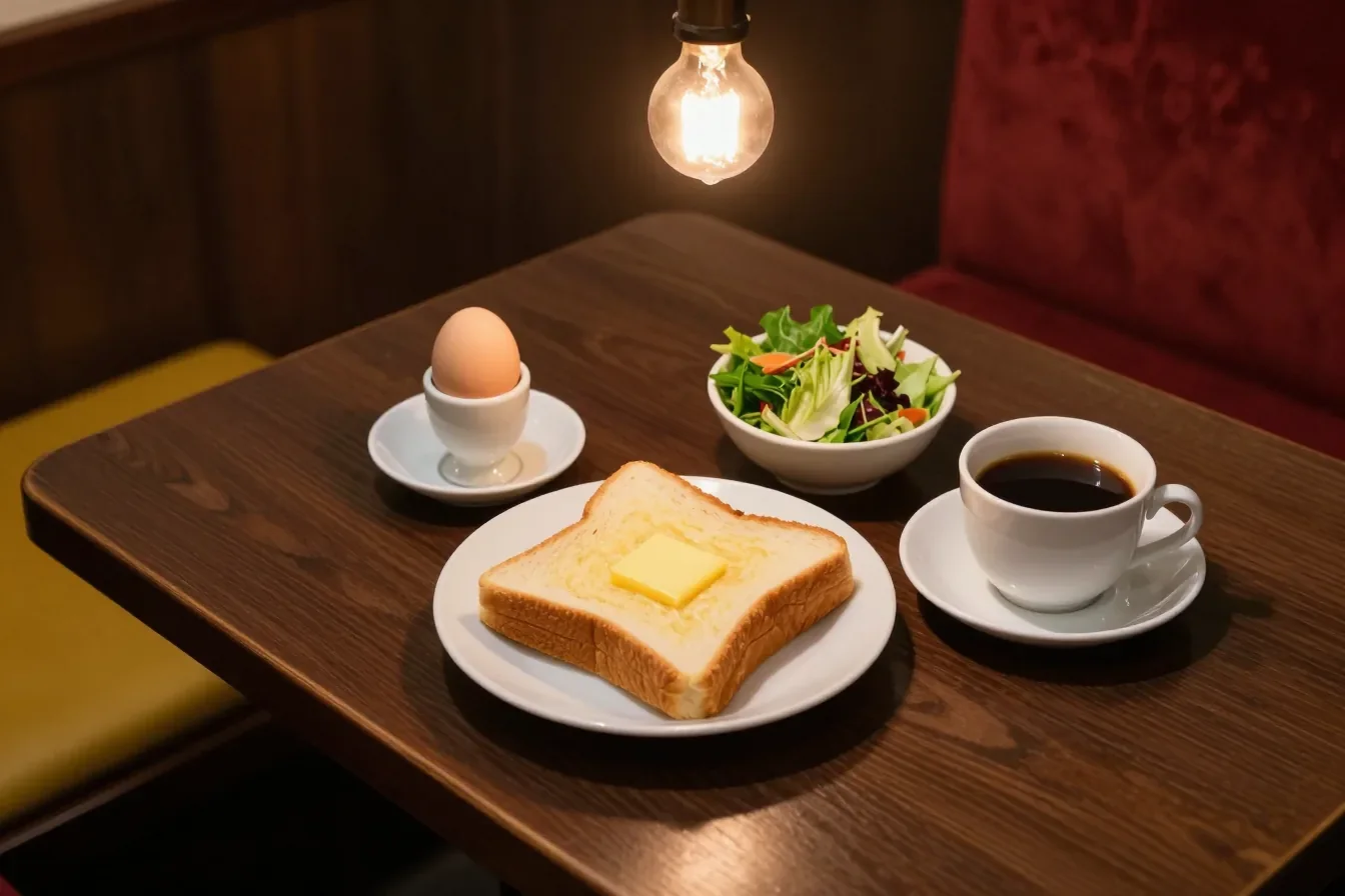 厚切りトーストとゆで卵、小さいサラダ、コーヒーのモーニング