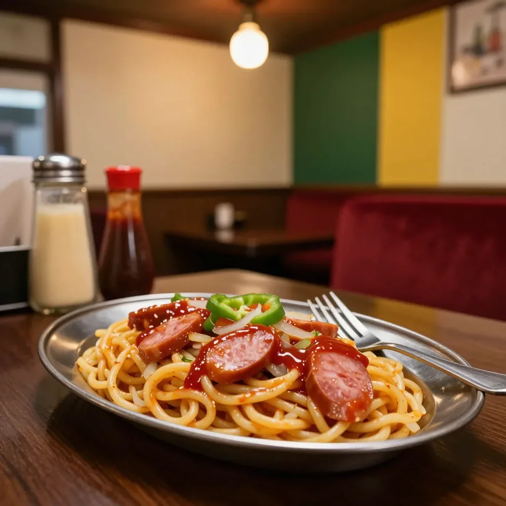 銀の皿に盛った太い麺のナポリタン