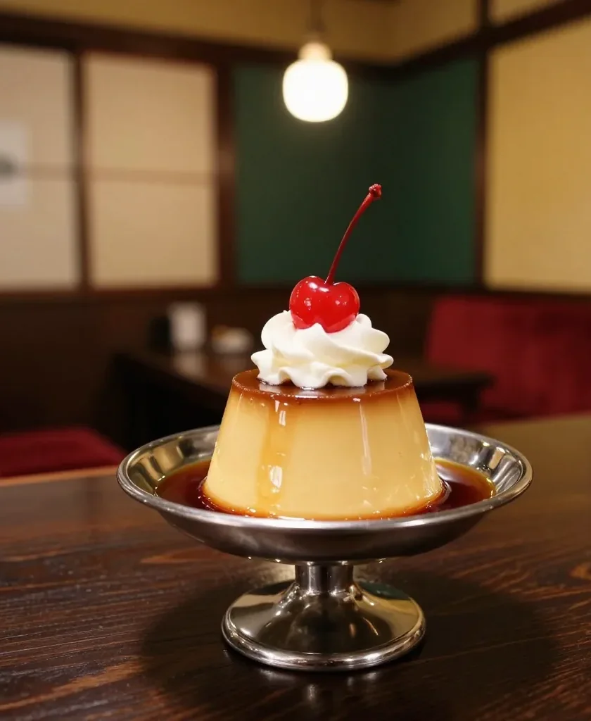 足つきの器にのった固めのプリンとさくらんぼ