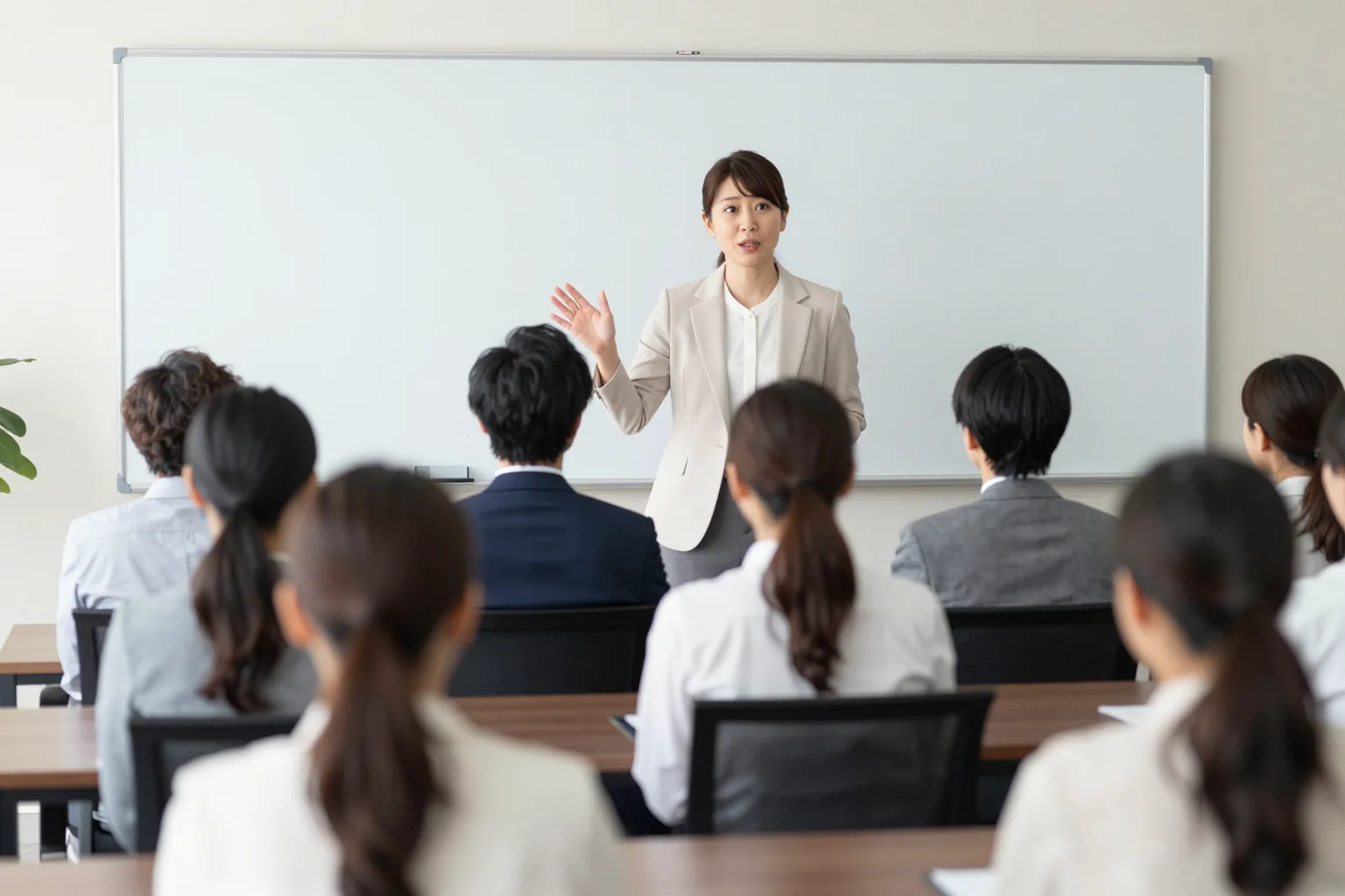会議室のホワイトボードの前に立ち、受講者に向かって話す木下早苗