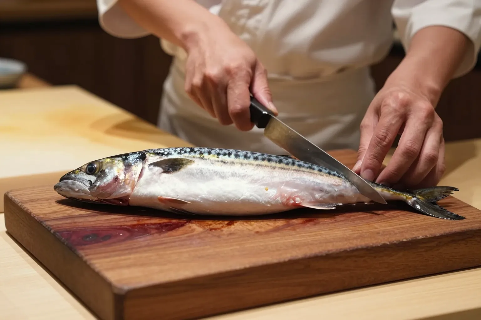 まな板の上の鯖と、包丁を持つ手元