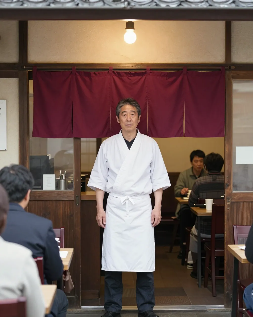 暖簾の前に立つ店主
