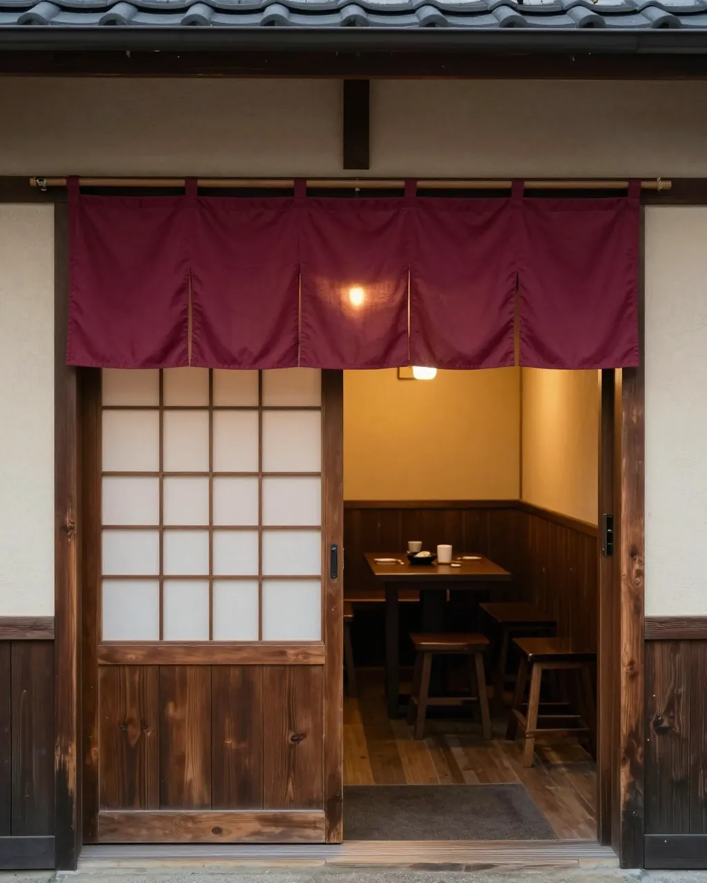 えんじの暖簾と引き戸