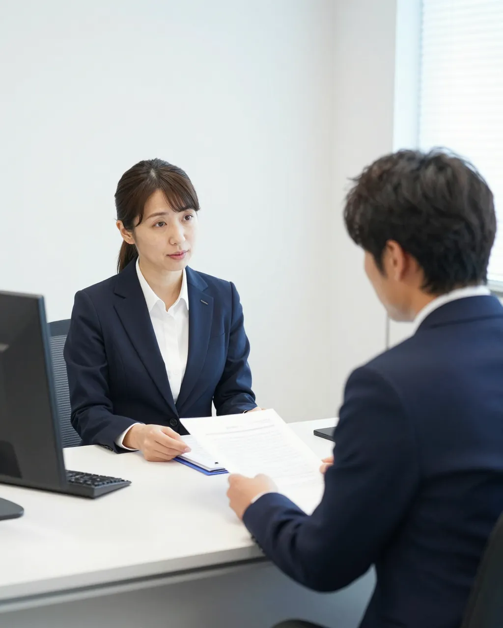 打ち合わせの机で、代表の小野寺が会社の社長と書類を見ながら話している