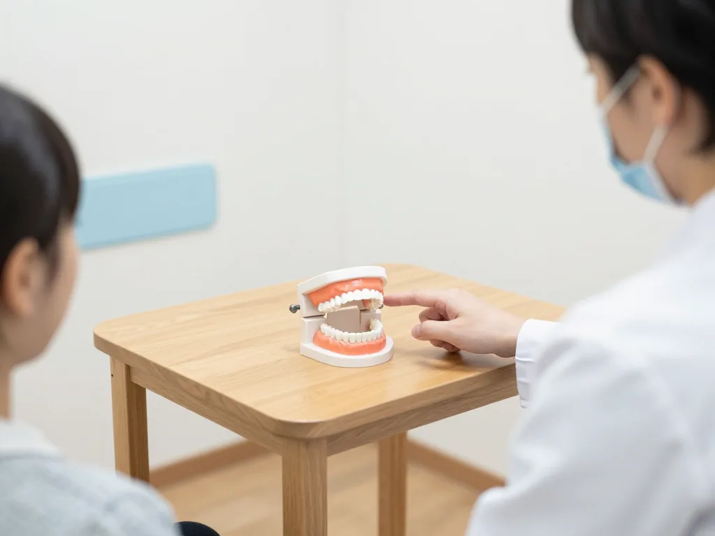 小さな部屋の机で、歯の模型を指して説明している手元